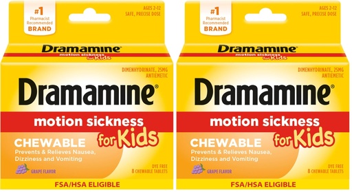 [BRSREBDYOENGAELL] Dramamine Motion Sickness Relief for Kids - Chewable Grape Flavor, 8 Count (Pack of 2)