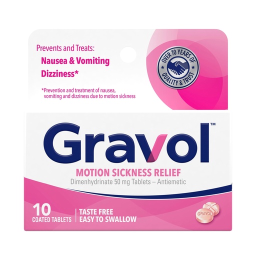 [BRSRMGD7BYPB6GTP] Gravol Motion Sickness Relief and Nausea Prevention, 50 mg Coated Tablets, 10 Ct.