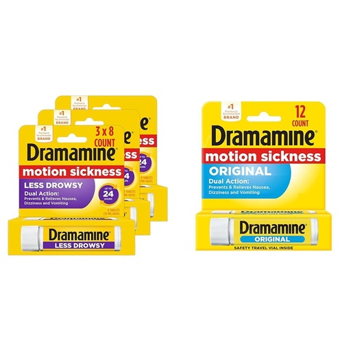 [BRSRAYYYPJ5RGG3X] Dramamine Motion Sickness Relief Tablets Bundle: All Day Less Drowsy, 8 Count, 3 Pack and Original Travel Vial, 12 Count