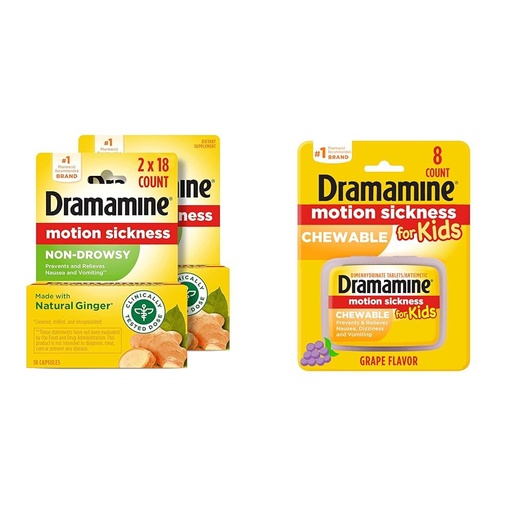 [BRSROCQPPMDRAYLJ] Dramamine Non-Drowsy, Motion Sickness Relief, Made with Natural Ginger, 18 Count, 2 Pack & Kids Chewable, Motion Sickness Relief, Grape Flavor, 8 Count