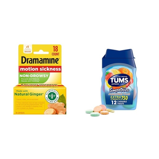 [BRSRAYYYCJ4AKDIU] Dramamine Motion Sickness Relief 18 Count and TUMS Antacid Chewable Tablets Heartburn Relief Assorted Fruit 12 Count