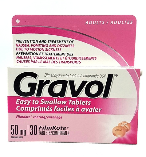 [BRSWI2YTDIBRGYD6] Easy to Swallow GRAVOL (30 tablets) Antinauseant for NAUSEA, VOMITING, DIZZINESS & MOTION SICKNESS
