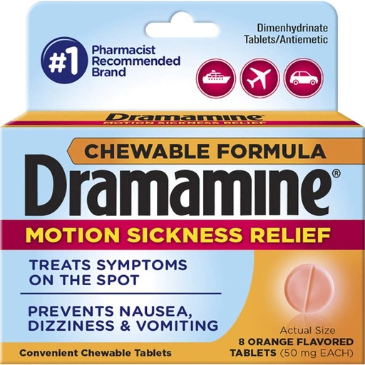 [BRSWKEY7BIIB4FQV] Dramamine Chewable Formula Motion Sickness Relief, 8 Orance Flavored Tablets