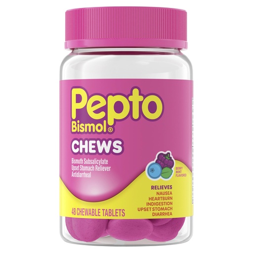 [BRSRGYL4CANB633O] Pepto Bismol Berry Mint Chews, Upset Stomach Relief, Nausea Relief, Heartburn Relief, Indigestion Relief, Anti Diarrhea Medication for Adults - 5 Symptom Fast Relief, 48 Chewable Tablets