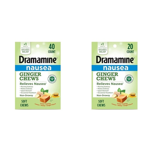 [BRSRAYYYCIDQO335] Dramamine Nausea Relief Ginger Chews, Lemon-Honey-Ginger, 40 Count and 20 Count