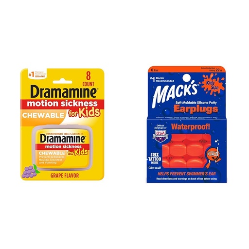 [BRSRAY33OZ5GY33O] Dramamine Kids Chewable Motion Sickness Relief 8 Count & Mack's Soft Moldable Silicone Putty Ear Plugs Kids Size 6 Pair