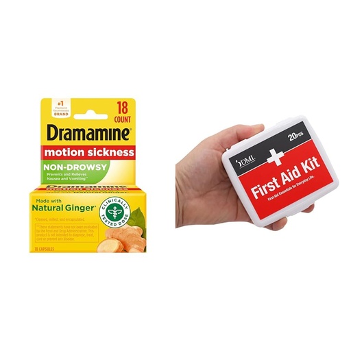 [BRSRAYYYAEMBA23F] Dramamine Motion Sickness Relief 18 Count and DMI 20-Piece First Aid Kit for Minor Cuts and Scrapes