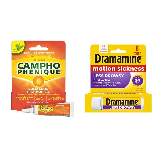 [BRSRAY33CIPAIALZ] Campho-Phenique Cold Sore Treatment, 0.23 Oz and Dramamine Motion Sickness Relief Less Drowsey Formula, 8 Count