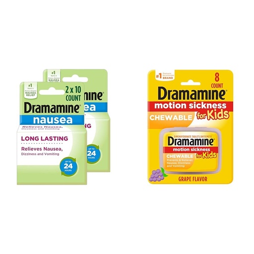 [BRSRAYYYDIIWYYDD] Dramamine Nausea Relief Long Lasting 10 Count 2 Pack and Kids Chewable Motion Sickness 8 Count