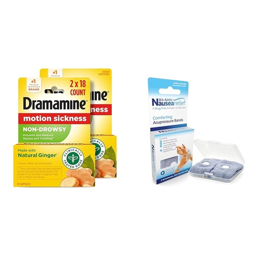 [BRSRAY33CIBBMEL7] Dramamine Motion Sickness Relief Ginger Capsules, 18 Count, 2 Pack & Sea-Band Anti-Nausea Acupressure Wristband for Motion Sickness, 1 Pair