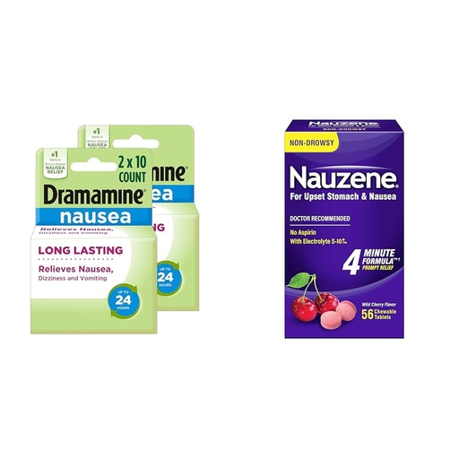 [BRSRAY33CJ6W2FDA] Dramamine Nausea Long Lasting 10 Count 2 Pack & Nauzene Upset Stomach & Nausea Relief Wild Cherry 56 Count