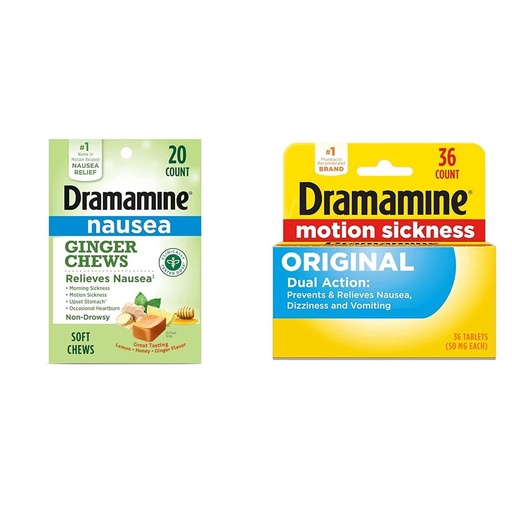 [BRSRAYYYB4OQGFA2] Dramamine Nausea Relief Ginger Chews, 20 Count and Motion Sickness Relief Original Tablets, 36 Count