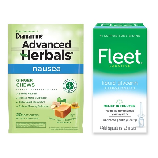 [BRSRABIZAAIWEA3O] Dramamine Fleet + Advanced Herbals Digestive Convenience Bundle, Liquid Glycerin Suppositories 4 Count, Ginger Soft Chews 20 Count Liquid