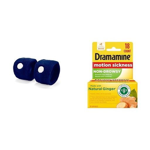 [BRSRAY33PNYAKALX] Sea-Band Anti-Nausea Acupressure Wristband for Motion Sickness Relief - 1 Pair and Dramamine Non-Drowsy Motion Sickness Relief with Natural Ginger, 18 Count