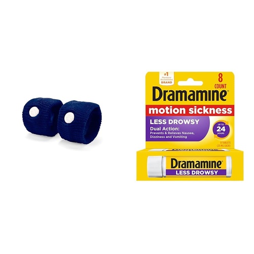 [BRSRAY33OQJQ2FY2] Sea-Band Anti-Nausea Acupressure Wristband for Motion Sickness Relief - 1 Pair and Dramamine Motion Sickness Relief Less Drowsy Formula, 8 Count