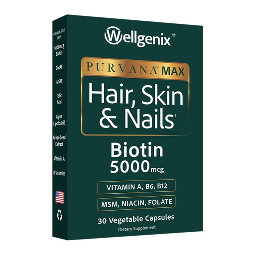 [BRSWIZA7DN5AMDQV] Wellgenix Purvana MAX Hair Skin and Nails Supplement – 5000mcg Biotin with MSM & B-Complex – Support for Thicker Hair, Stronger Nails & Glowing Skin – 30 Veggie Capsules