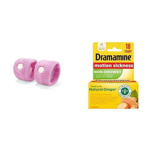 [BRSRAYYYCMHBM3TU] Sea-Band Anti-Nausea Acupressure Wristbands for Motion Sickness - 1 Pair & Dramamine Non-Drowsy Motion Sickness Relief with Natural Ginger - 18 Count