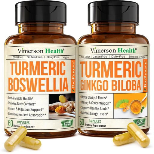 [BRSREAA2O4HAO23K] Boswellia Turmeric Curcumin Supplement + Turmeric Ginkgo Biloba Bundle – Natural Turmeric Supplement for Focus, Memory, Joint & Brain Health – with Ginger Root, Curcuma, Black pepper & Organic Tumeric
