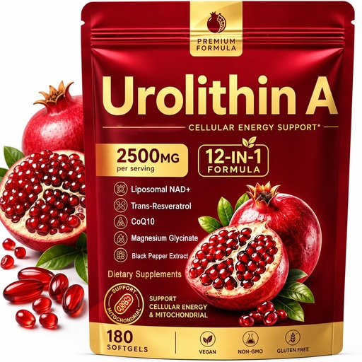 [BRSRYZA7CQHGCAI4] Urolithin A+ Supplement, 12-In-1 Formula with Liposomal NAD+, Trans-Resveratrol, Support Cellular Health & Mitochondrial, Natural Antioxidant, Promotes Muscle Strength & Endurance, 180 Softgels