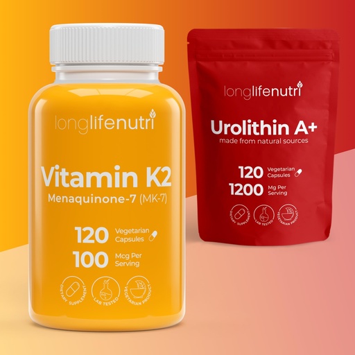 [BRSREHQEPMARYELK] LongLifeNutri Vitamin K2 MK-7 100 mcg & Urolithin A+ 1000 mg Bundle – 120 Veg Capsules Each, Up to 4-Month Supply, Bone, Circulation & Longevity Support, Lab Tested, Made in USA
