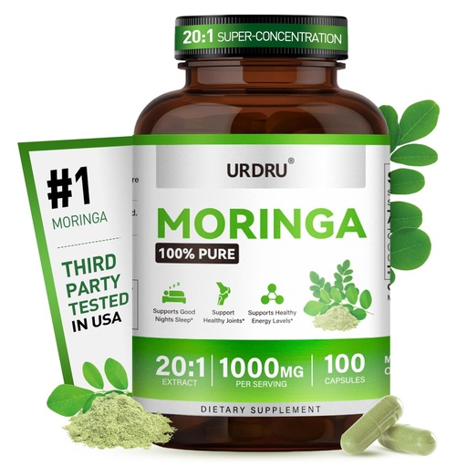 [BRSRGCACCJYRED34] Moringa Capsules 1000mg per Serving, Moringa Oleifera Leaf Extract 20:1, Plant-Based Supplement for Energy & Daily Wellness Support, 100 Capsules