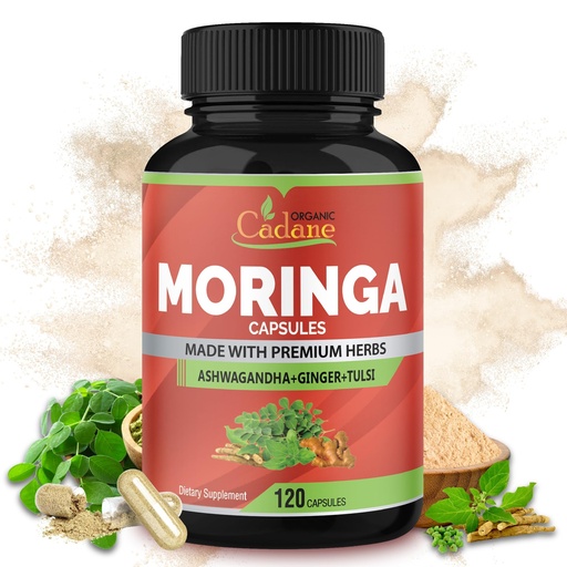 [BRSRAAIFAUMQEEQU] Organic Cadane Moringa Powder Capsules, 4in1 with Ashwagandha, Ginger, Holy Basil Tulsi - Immune Support - Oleifera Leaf Powder Herb Supplements, 120 Capsules