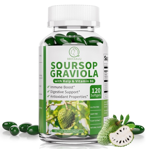 [BRSREYYQCB6RSFLD] Soursop Graviola Capsules with Kelp, for Cell Regeneration, Enhances Immunity, Digestive Support, Anti-oxidant* Properties, Gluten Free, 120 Counts