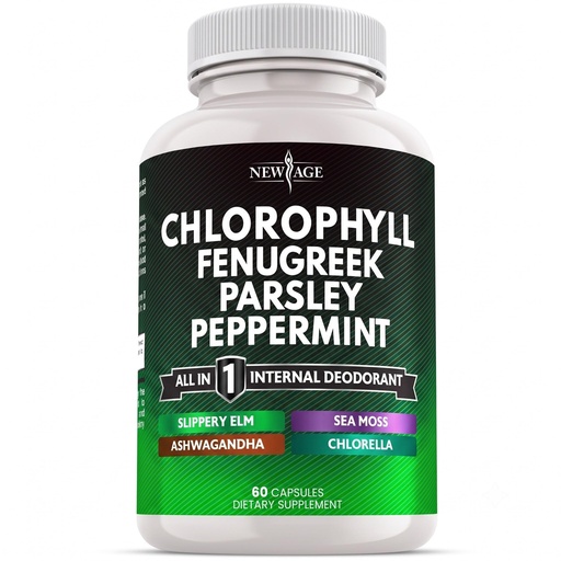 [BRSREBD5CV6GO23X] NEW AGE Chlorophyll Fenugreek Capsules - Supplement Internal Deodorant Peppermint- Fenugreek 20:1, Sea Moss, Parsley, Chlorella, Spirulina, Slippery Elm, Ashwagandha, All in 1 Greens- 60 Count