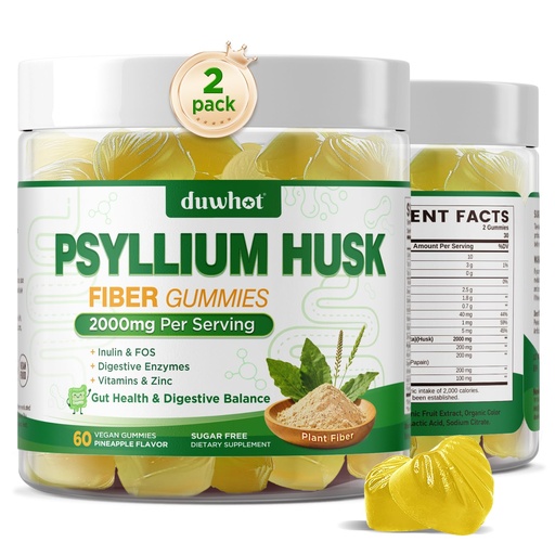 [BRSRYZQQBYMQEE3L] Psyllium Husk Gummies for Adults, 2000mg Psyllium Husk Fiber Supplement with Acacia Fiber, Inulin & FOS, Digestive Enzymes for Gut Health & Regularity, Vegan, Organic, Sugar Free, Pineapple, 120 Chews