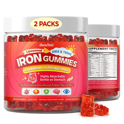 [BRSRYZQCOQBGK2DO] duwhot Iron Gummies for Kids Teens, Gentle Iron Bisglycinate with Vitamin C | Chewable Iron Supplement plus Multivitamins, Minerals & More, Energy, Immunity & Blood Support, Sugar Free, Vegan,120 Chews