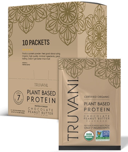 [BRSWGAQECAIGGFLZ] Truvani Organic Plant Based Protein Powder | Chocolate Peanut Butter | 10 Servings | Vegan | 20g Pea Protein | Single Serving Travel Packets | Keto | Gluten & Dairy Free | Low Carb
