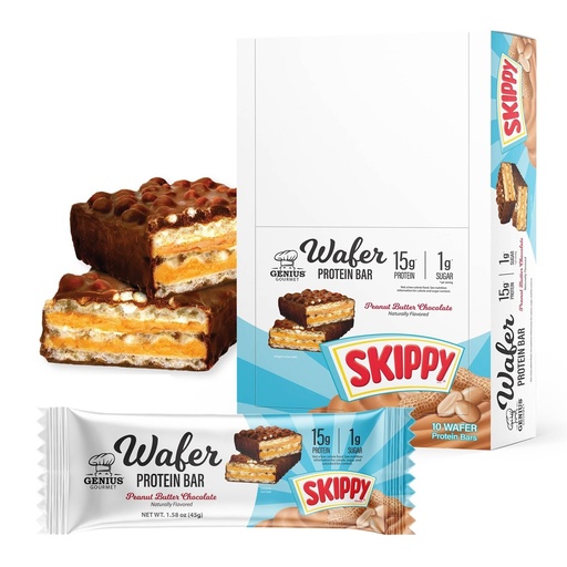 [BRSREH34AR5RQAL4] Genius Gourmet SKIPPY® Peanut Butter Chocolate Flavored Wafer Protein Bars | 10 Count, 15g Protein per serving (30% DV), 1g Sugar, Chocolatey Snack Bar