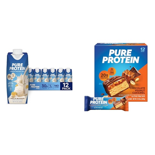[BRSROBQEPJ6QE2Y2] Pure Protein Vanilla Protein Shake, 30g Complete Protein, Vitamins A, C, D, and E plus Zinc & Bars, High Protein, Nutritious Snacks to Support Energy, Low Sugar, Gluten Free