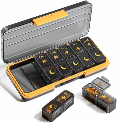 [BRSRAZQ7BEFGE3TG] AM PM Pill Organizer 2 Times A Day, 7 Day Pill Box Weekly Pill Organizer Travel with Separate Container, Portable Daily Medicine Planner Dispenser Case for Vitamin, Fish Oils, Supplements（BlackGold）