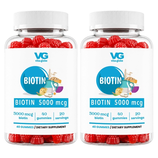 [BRSW2A34OUCB62A2] VITA GLOBE Biotin 5000 mcg Gummy Vitamins, Vegan Non-GMO Mixed Berry Chewables for Healthy Hair Growth, Glowing Skin & Strong Nails, Beauty Support Supplement, 40 Count (2 Pack)