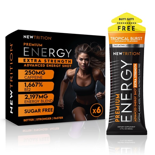 [BRSREGQECV4A23DA] NewTrition® Extra Strength Energy Shots, 1.7 fl oz - 250mg Caffeine with Vitamin B & Amino Acids, Sugar-Free, Zero Calorie Vitamin Energy Drink for Focus & Endurance (Pack of 6, Tropical Burst)