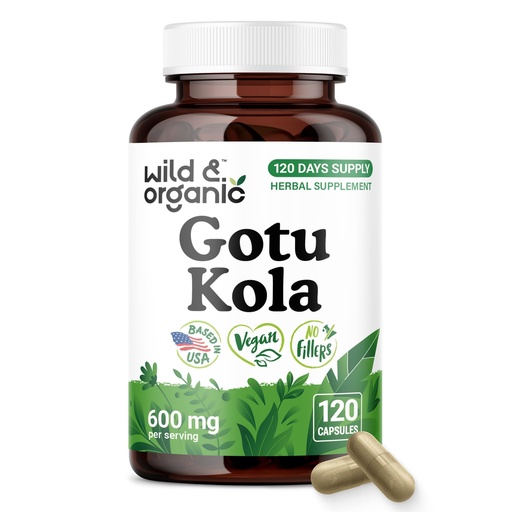[BRSRAHA3BEAWYYDV] Wild & Organic Gotu Kola Capsules 600 mg - Brain Support - Gotu Kola Supplement - Centella Asiatica Powder - 120 Days of Supply - Vegan, No Fillers, Non-GMO - 120 Count