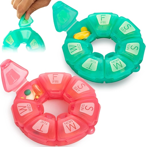 [BRSRMHARAV6WM3D2] Round Weekly Pill Organizer, TPU Rubberized, Travel Pill Container 7 Day, with 7 Large Compartments, Cute Pill Case with Large Letters and Braille (2 pcs Green Rose)