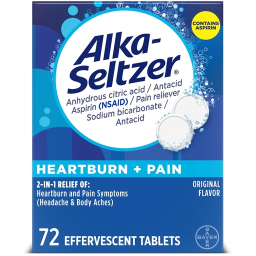 [BRSWIZQZDN7G2H3O] Alka-Seltzer Heartburn + Pain Effervescent Aspirin + Antacid Tablets, Fast Heartburn Relief and Acid Indigestion Relief, Pain Relief with Aspirin, 72 Ct