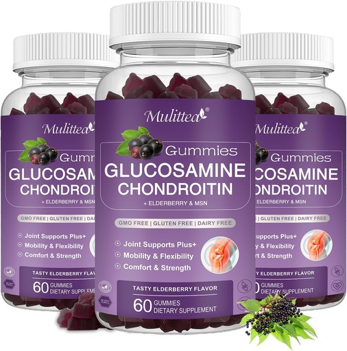 [BRSROFA7BN4G2YLU] Mulittea Glucosamine Chondroitin Gummies - Extra Strength Joint Support Supplement with MSM & Elderberry for Natural Joint, Antioxidant Immune Support for Adults, Men & Women-(3 Pack)