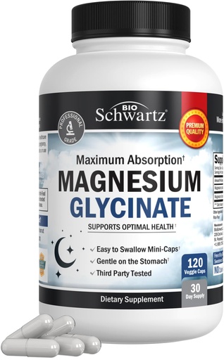 [BRSROZYQCB6GGEIZ] BioSchwartz Magnesium Glycinate 500mg Capsules (120 Mini Caps) Maximum Absorption Magnesium Supplement for Healthy Nerves Muscles Heart Mood and Sleep Support (Vegan, Gluten-Free, Non-GMO)