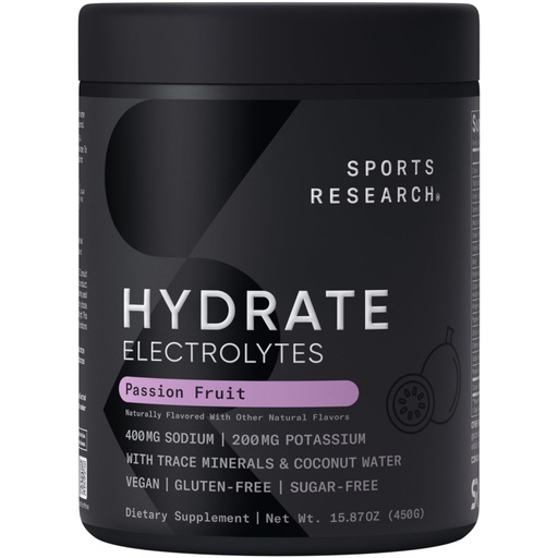 [BRSRAGANC4FG2CQV] Sports Research Hydrate Electrolytes Powder - Sugar-Free & Naturally Flavored with Vitamins, Minerals, and Coconut Water - Supports Hydration - Passion Fruit