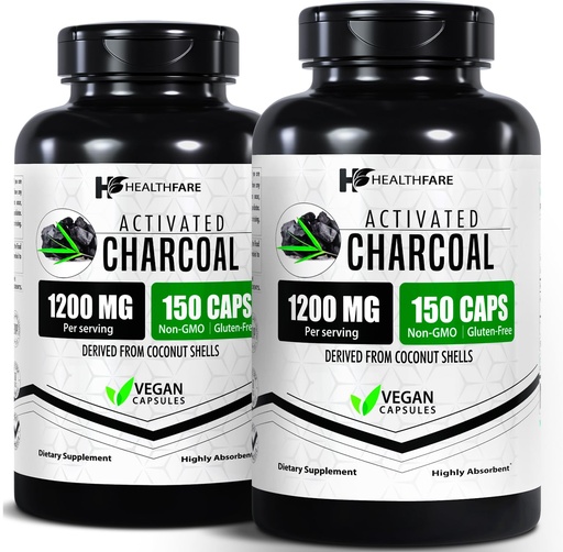 [BRSROCY5BZ6RGEI6] HealthFare Activated Charcoal Pills 1200mg | 150 Vegan Capsules | 2 Bottles | Organic Coconut-Sourced | Detox & Digestive Balance | Non-GMO, Gluten-Free | Made in USA