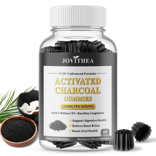 [BRSREBA7CIBRE3LX] Activated Charcoal Gummies 1200mg, with Organic Coconut Shell Charcoal & 2 Billion Probiotics, Natural Gas & Bloating Relief, Digestive Support, Non-GMO, Vegan, Gluten Free, Blueberry Flavor, 60Ct