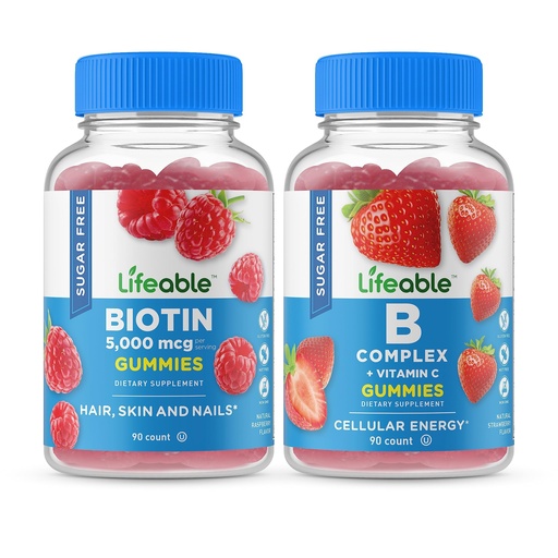 [BRSRMYIQAUMGCYLB] Lifeable Sugar Free Biotin + B Complex, Gummies Bundle - Great Tasting, Vitamin Supplement, Gluten Free, GMO Free, Chewable Gummy