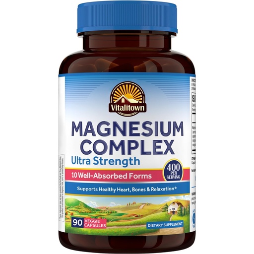 [BRSRAZT6BFYWO3L6] Vitalitown 10 in 1 Magnesium Complex Supplement - 400mg Elemental Magnesium Chelated with Glycinate, Citrate, Malate, Taurate & More - for Sleep Heart Energy - Non-GMO, Vegan, 90 Caps