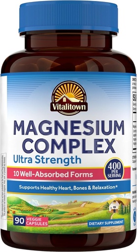 [BRSRAZT6BFYWO3L6] Vitalitown 10 in 1 Magnesium Complex Supplement - 400mg Elemental Magnesium Chelated with Glycinate, Citrate, Malate, Taurate & More - for Sleep Heart Energy - Non-GMO, Vegan, 90 Caps