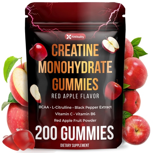 [BRSRE2YPOJ7BYFAZ] 200 Creatine Monhydrate Gummies. W/ Vitamin C & B6, Black Pepper, Red Apple | Vegan, Non-GMO, Sugar-Free,