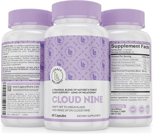 [BRSROYD4BMNRACT3] Cloud 9 - All Natural Sleep Aid Supplement - Relaxing Vitamin & Herbal Formula - 10mg Melatonin Calcium Magnisium L-Theanine 5-HTP GABA St. John's Wort Ashwagandha Chamomile & More 60 Vegan Capsules