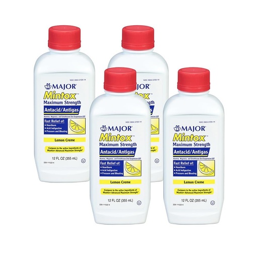 [BRSWIFYNBQFBQCTE] MAJOR Mintox Maximum Strength Antacid/Antigas for Fast Relief of Heartburn, Acid Indigestion, Pressure, Bloating - Lemon Creme - 12 Fl Oz (355 mL) (4 Pack)